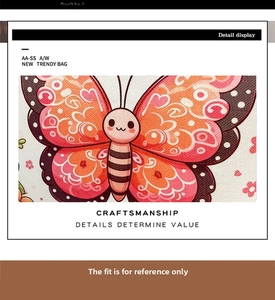 Detail of vibrant butterfly print on canvas bag with colorful cartoon patterns