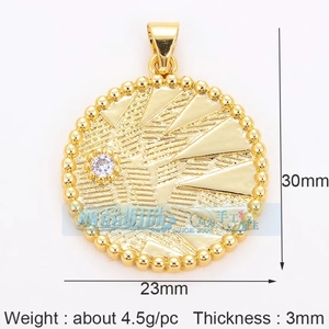 Macro shot of 23mm gold sunburst pendant with zircon inlay and beaded edge details