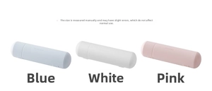 Detailed view of cylindrical pencil boxes in pastel blue, white, and pink matte finishes