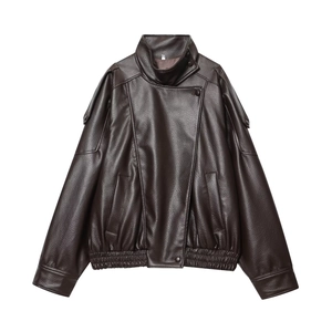 Deep brown faux leather moto jacket with stand collar and vintage cropped fit