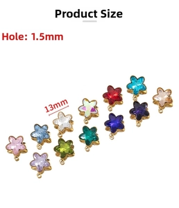 Detailed view of 13mm star-shaped colorful glass pendants with gold-plated metal edges