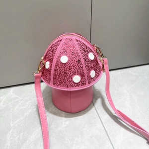 Pink mushroom crossbody bag with red rhinestones and white dots for women's fashion
