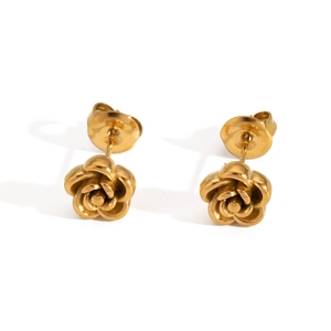 Detailed view of golden rose flower stud earrings with a polished metallic finish