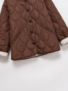 Close-up of brown quilted jacket showing texture details and black buttons