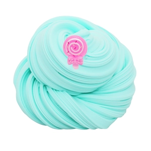 Close-up of light blue slime swirl with a pink lollipop and bow charm for kids