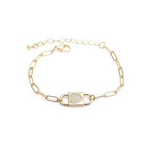 Bracelet chaîne trombone hip hop doré avec un pendentif cadenas en cœur de cristal