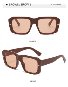 Detail view of brown rectangle sunglasses with light tea lenses in a studio shot
