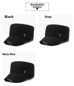 Three color options of men's winter wool military caps in black, gray and navy blue