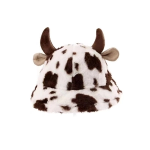Cappello da pescatore in peluche con motivo a mucca, corna e orecchie per l'inverno