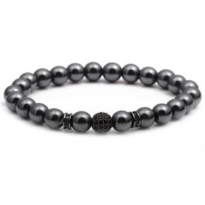 Minimalist rainbow hematite and black onyx beaded bracelet with a zircon sphere accent