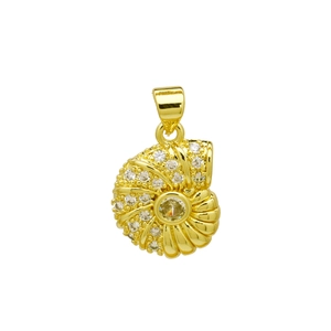 Detailed close-up of a gold-plated conch shell pendant featuring clear crystal accents