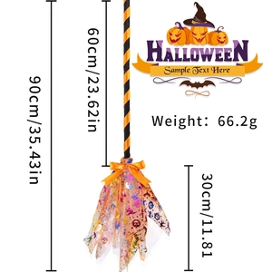 Detailed size chart of the 90cm Halloween witch broom with orange mesh and striped handle