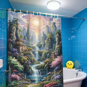 3D-Duschvorhang mit digitaler Berg-Wasserfall-Landschaft und weißen Haken inklusive