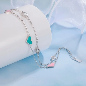 Dual-layer S925 sterling silver chain bracelet with pink and teal enamel heart charms
