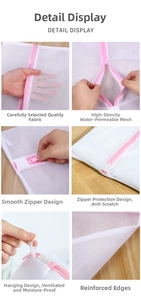 Detail view of mesh laundry bag featuring pink zipper with elastic protection cover