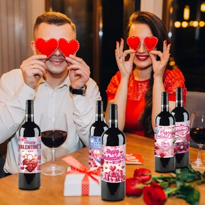 Valentine's Day wine bottle label stickers set with heart and romantic truck designs