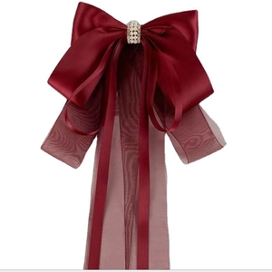 Elegant wine red satin bow hair clip with rhinestones and long chiffon ribbons