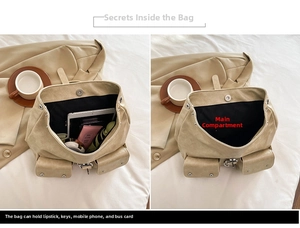 Detailed view of the spacious inner main compartment of the beige retro backpack