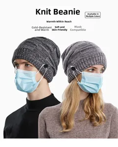 Detail showing buttons on knitted beanie for hanging face mask ear loops comfortably