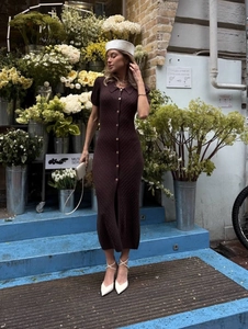 Short sleeve ribbed knit dress in dark coffee brown with button detail and slim fit cut