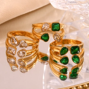 18K gold-plated double-layer open rings with heart and teardrop zircon stones