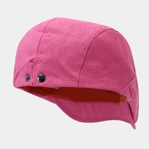 Deep pink canvas newsboy cap with neck protection and metal side buttons on white back