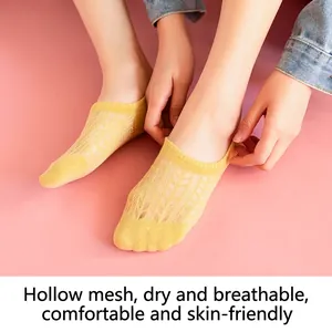 Women's yellow mesh cotton invisible liner socks with breathable cutout pattern