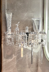 Wall-mounted glacier pattern toothbrush holder with 3 cups and automatic toothpaste dispenser
