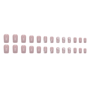 Glossy mauve press-on nails with white heart and ripple patterns, 24 pieces set