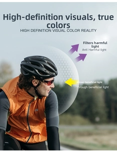 Close-up of black cycling sunglasses with red lenses and matching helmet in use