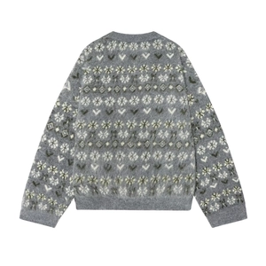 Women's grey Fair Isle knit sweater featuring vintage snowflake and geometric jacquard patterns