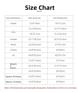 Detailed size chart for vintage hollow wooden picture frames with inner and outer dimensions