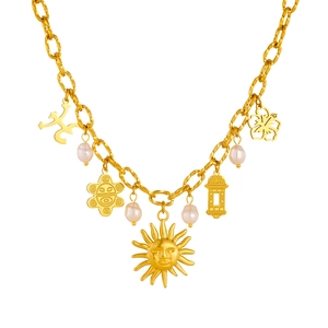 Vintage gold-plated stainless steel necklace with sun flower charms and pearl accents