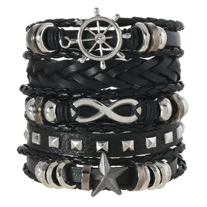Men's Retro Punk Multi-layer Braided Leather Bracelet Set Infinity Symbol Rudder Star Alloy Charm Wrap Hand Jewelry Gift