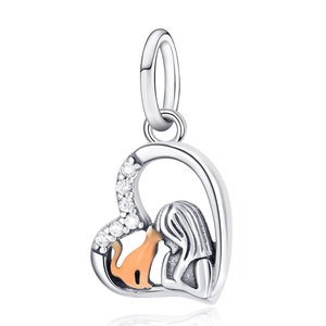 925 sterling silver heart charm featuring a girl and orange cat silhouette with zircon