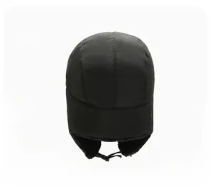 Rear view of a black windproof trapper hat with thick plush lining and buckle strap