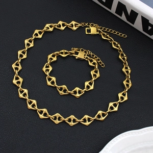Handmade 18K gold plated stainless steel geometric rhombus necklace and bracelet set