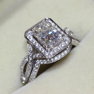 Anillo De Cobre Con Zirconia Cuadrada Banda Trenzada Halo Boda Compromiso Joyería De Lujo Para Mujeres