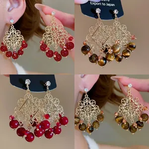 Vintage Hollow Filigree Drop Earrings With Tiger Eye Stone Red Beads Zircon And 925 Sterling Silver Earring Post