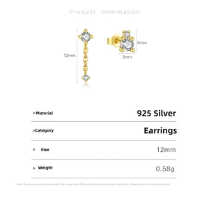 Detailed size view of S925 silver stud earring with 12mm length and 0.58g weight
