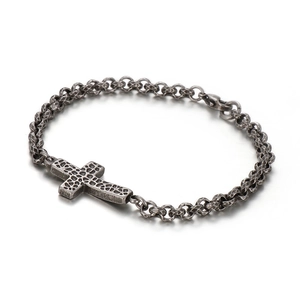 Vintage oxidized titanium steel cross bracelet with hammered texture and woven chain