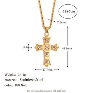 18K gold plated stainless steel cross necklace with square zircon stones for women