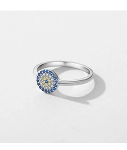 Detailed view of S925 silver ring featuring round micro-pave evil eye with zircon stones