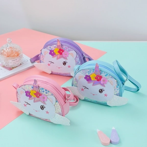 Three sequined unicorn crossbody bags for kids in purple pink and blue colors