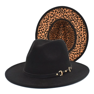 Fedora Hat Woolen Felt Wide Brim Leopard Print Underneath Jazz Style With Leather Band Metal Buckle Unisex Fashion