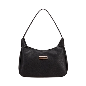 Detailed front view of black pebble leather underarm bag with glossy rectangular metal trim