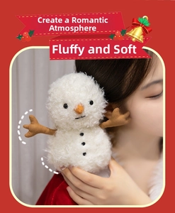 Detail of white plush snowman doll featuring orange nose and curly soft faux fur texture