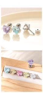 Detail of 6mm heart zirconia stud earrings with secure screw-back titanium steel posts