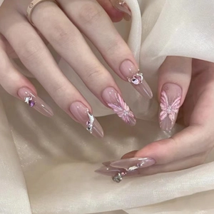Faux Ongles Press On Papillon 3D Longs Stiletto Dégradé Rose Strass Ongles Artificiels Nail Art