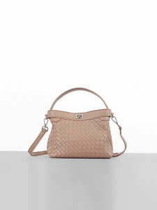 Woven Handbag Vegan Leather Braided Top Handle Crossbody Bag With Adjustable Strap Silver Turn Lock Minimalist For Women